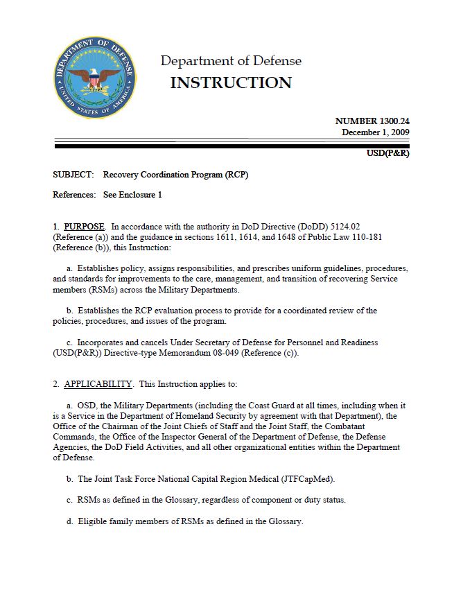Image of the Department of Defense Instruction for the Recovery Coordination Program